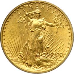 1908 $20 St. Gaudens. No Motto
