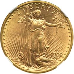 1908-D $20 St. Gaudens. No Motto NGC MS64