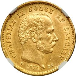Denmark. 10 Kroner, 1874-HC CS. NGC AU58