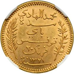 Tunisia. 20 Francs, AH.1321/1903-A. NGC MS62