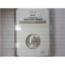 1954 WASHINGTON SILVER QUARTER NGC MS64