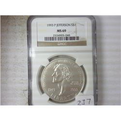 1993-P JEFFERSON SILVER DOLLAR NGC MS69