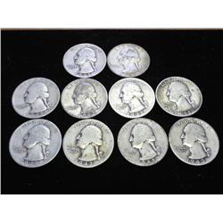 10 ASSORTED 1940'S WASHINGTON SILVER QUARTERS