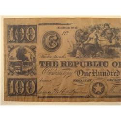 1839 $100 Republic of Texas Bank Note Bill