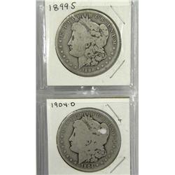 2 Silver Dollars, 1899-S Morgan and 1904-O Morgan