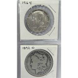 1892-O Silver Dollar and 1964 Kennedy Half Dollar