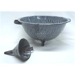 Antique Speckled Graniteware Colander & Funnel