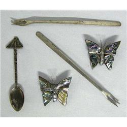 5 Taxco Mexican Silver Forks, Pins & Spoon