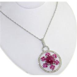 14K White Gold, Ruby, Cabochon Ruby, Fancy Diamond Necklace