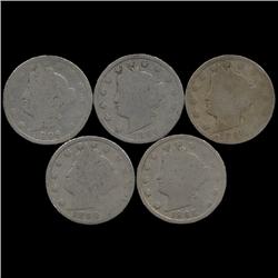 1896 Liberty Nickel Better Circulated Lot of 5 (COI-7625)