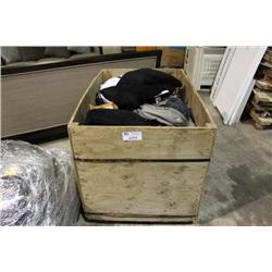 BIN OF ASSORTED CLOTHES -  BAGS & HOUSE HOLD ITEMS