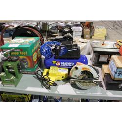 2 BENCH VISE -  STUD WELDER -  AIR COMPRESSOR & SAW