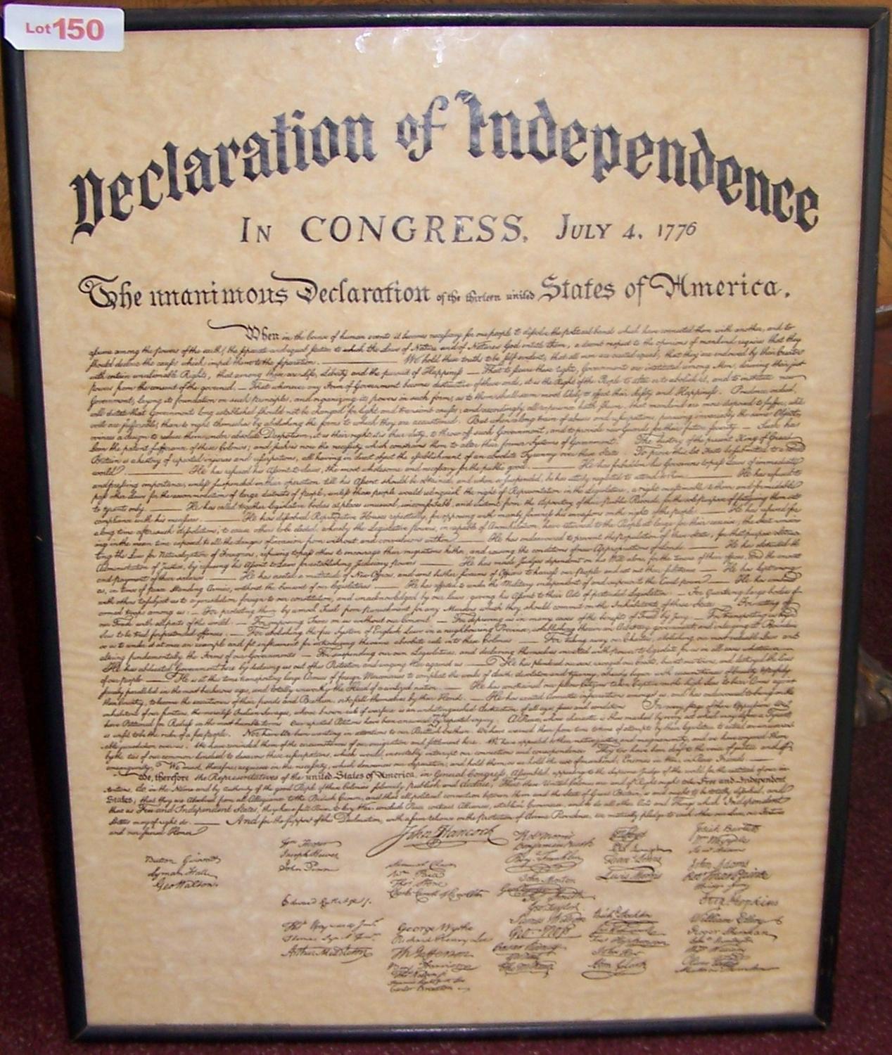 Framed Copy of Declaration of Independence.