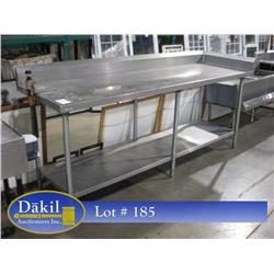 8' S/S CORNER TABLE W SHELF, BACKSPLASH, & CAN OPENER