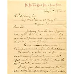 Carson City,NV - Ormsby County - Aug. 19, 1884 - Carson City Mint (James Crawford) Correspondence :