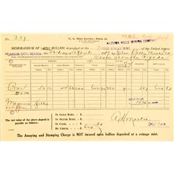 Carson City,NV - Ormsby County - April 26, 1917 - United States Mint Memorandum of Gold Bullion :