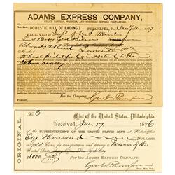 Philadelphia,PA - 1876-77 - U.S. Mint Receipt ~ Adams Express Company Receipts (2) :