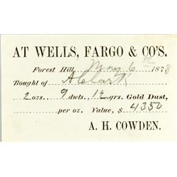 Forest Hill,CA - 1878 - Wells Fargo & Co. Gold Dust Purchase Card :