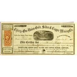Lincoln,CA - Placer County - November 1, 1863 - Thirty-One Union Gold & Silver Copper Mining Company