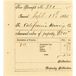 Alder Gulch,MT - Sept. 18, 1865 - California Mining Co. Tax Receipt *Territorial* :