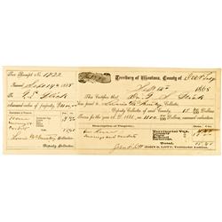 Virginia City,MT - Madison County - Sept. 12, 1865 - Glick, J.S. Tax Receipt *Territorial* :