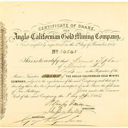 April 8, 1853 - Anglo California Gold Mining Company Stock Certificate :