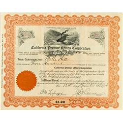 November 12, 1926 - California Premier Mines Corporation Stock Certificate :