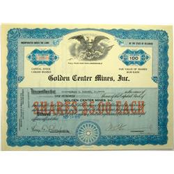 1935 - Golden Center Mines Inc. Stock Certificate :