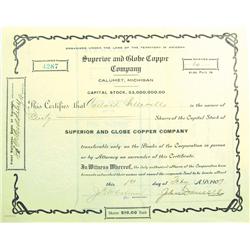 Globe,AZ - Gila County - February 1, 1909 - Superior and Globe Copper Company Stock Certificate *Ter