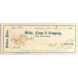 Independence,CA - Inyo County - August 17, 1891 - Wells, Fargo & Company Check :