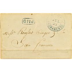Sacramento,CA - June 11, 1854 - Sacramento Envelope Cover "Paid" :