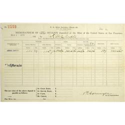 San Francisco,CA - Memorandum of Gold and Silver Bullion Deposited at the United States Mint at San