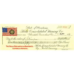 Glendale,MT - Beaverhead County - 1894 - Hecla Consolidated Mining Co. Check :
