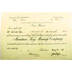 NM - June 6, 1887 - Mountain Key Mining Company Stock Certificate :
