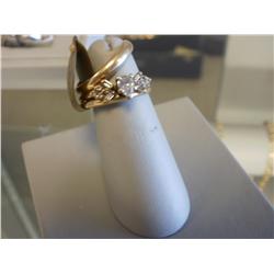 Two Band 14K Gold Ladies Ring with 1CT Pear-Shaped Diamond Center