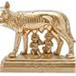 Ancient-like, mini-Capitoline she-wolf figurine w/ Romulus & Remus suckling, founders of Rome.