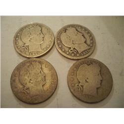 4 Silver Barber Quarters 1915, 1915-S, 1915-D, 19