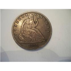 RARE 1869 Seated Liberty Silver Half Dollar, XF40