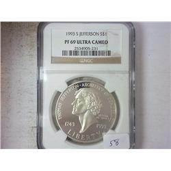 1993-S JEFFERSON SILVER DOLLAR NGC PF69 ULTRA CAM