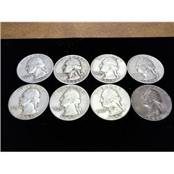 8 ASSORTED 1950'S WASHINGTON SILVER QUARTERS