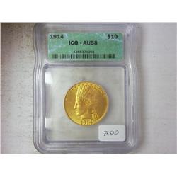 1914 $10 GOLD INDIAN EAGLE ICG AU58