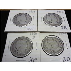 1901, 02, 06-D & 08 BARBER HALF DOLLARS