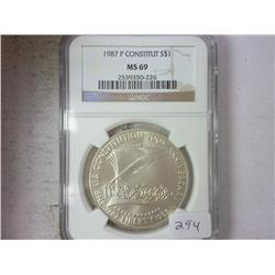 1987-P CONSTITUTION SILVER DOLLAR NGC MS69