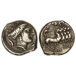 Tetradracma. 340-320 a.C. SICILIA. PANORMOS. Anv.: Busto femenino a derecha, rodeado de delfines. Re