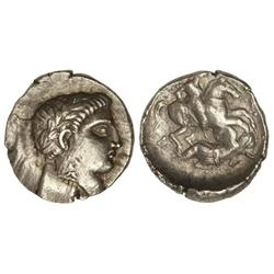 Tetradracma. 340-315 a.C. PAEONIA-PATRAOS. Anv.: Busto de Apolo a derecha. Rev.: Guerrero a caballo
