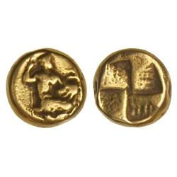 1/6 Estátera. 410-390 a.C. CYZICUS-MYSIA. Anv.: Zeus arrodillado a derecha sobre atún, portando cetr