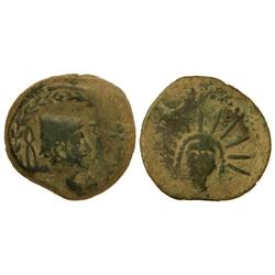 As. MALACA. Anv.: Busto de Vulcano con barba y birrete cónico a derecha, delante (leyenda invertida)