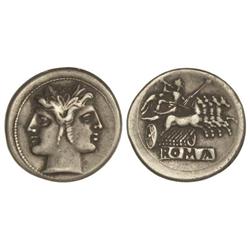 Quadrigatus. 222-205 a.C. ANÓNIMO. ROMA. Anv.: Cabeza laureada de Jano. Rev.: Júpiter en cuadriga co