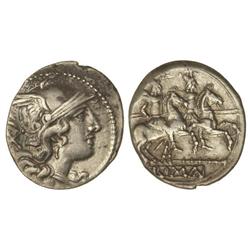 Denario. 208-208 a.C. ANÓNIMO-20. BB con símbolos. Rev.: Dióscuros a caballo a derecha, encima estre