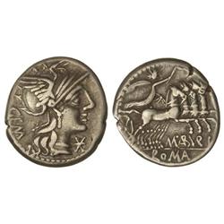 Denario. 132 a.C. ABURIA-6. Marcius Aburius M. f. Geminus. Cal-60; FFC-88. (MBC+).
